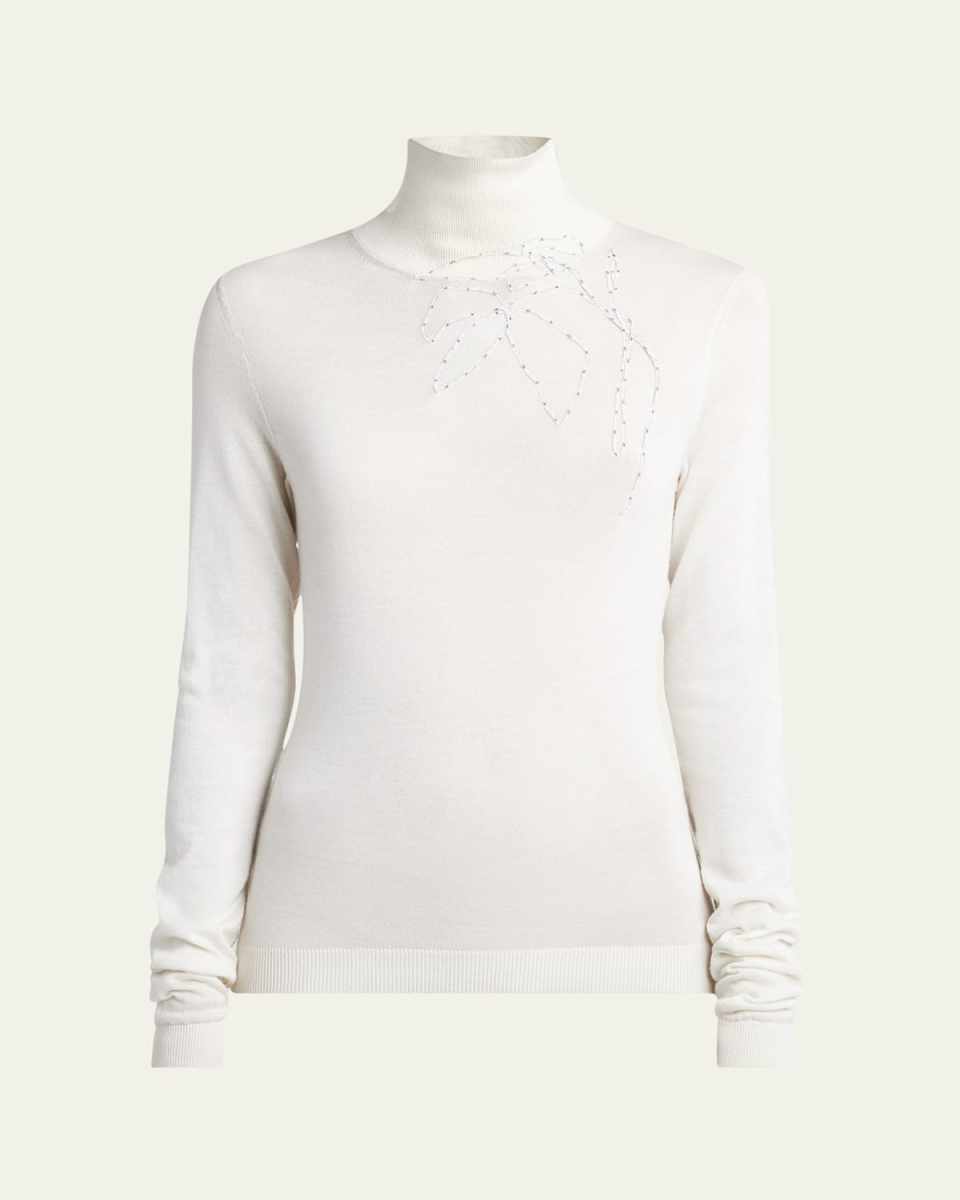 Floral Stitched Cashmere Silk Turtleneck Sweater
